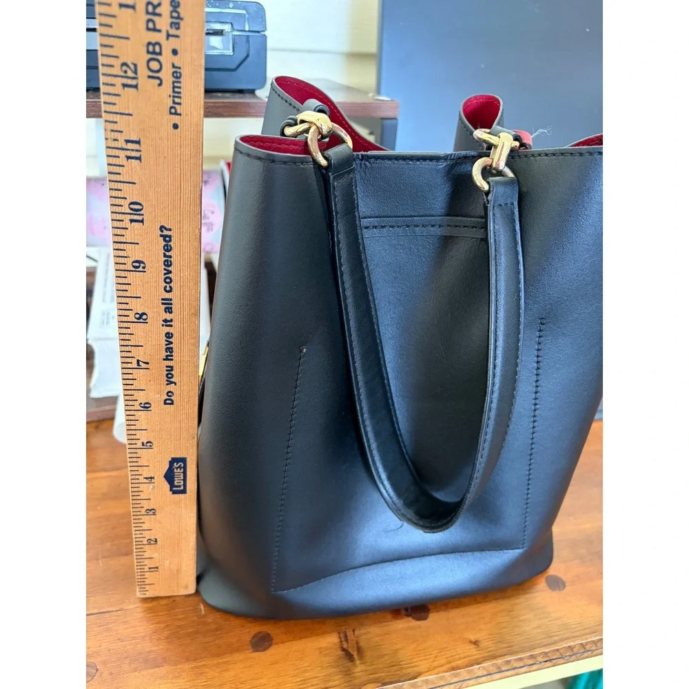 Lauren Ralph Lauren Debby Drawstring Bucket Bag Black Leather Red Interior Gold